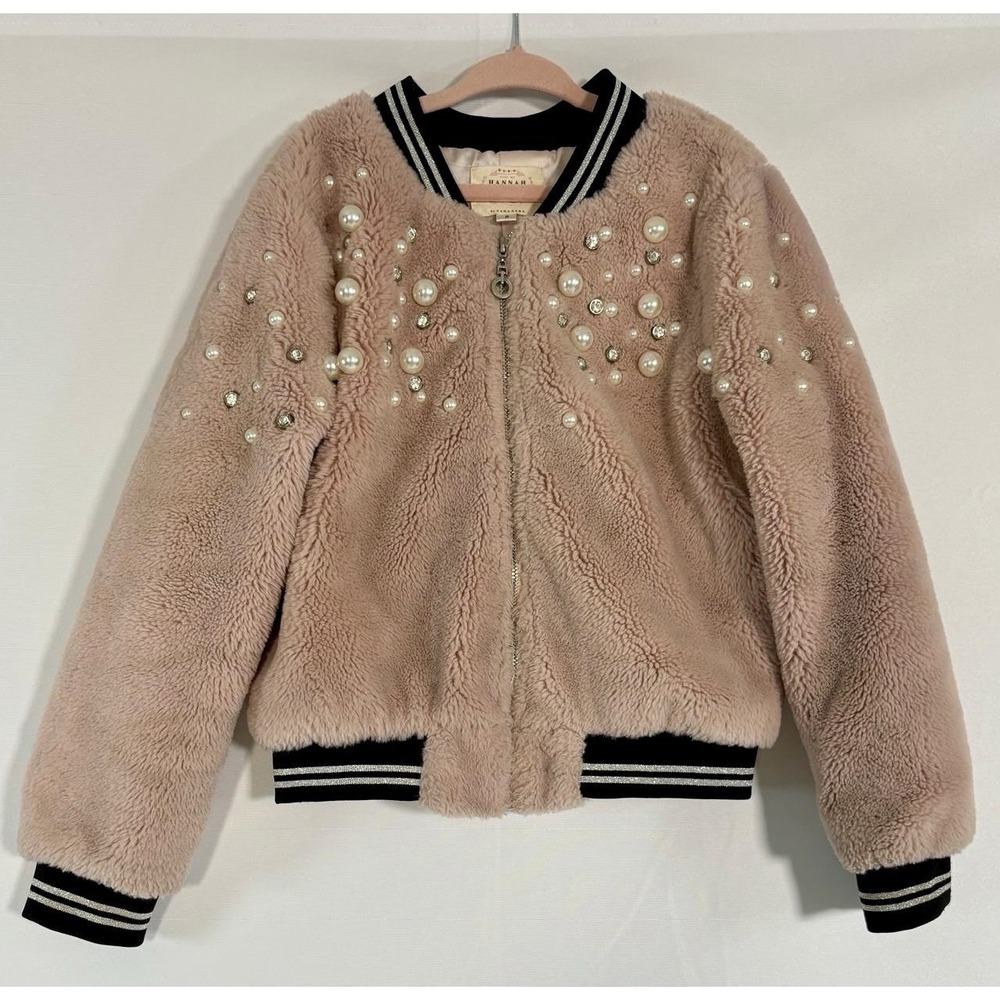 Hanna Banana Girls Faux Fur Pearls Rhinestone Pink Bomber Jacket Size 8